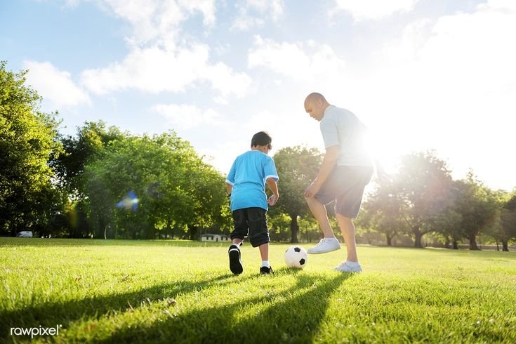 Download premium image of Family playing in the park about grass, plant, football, sky, and tree 76241